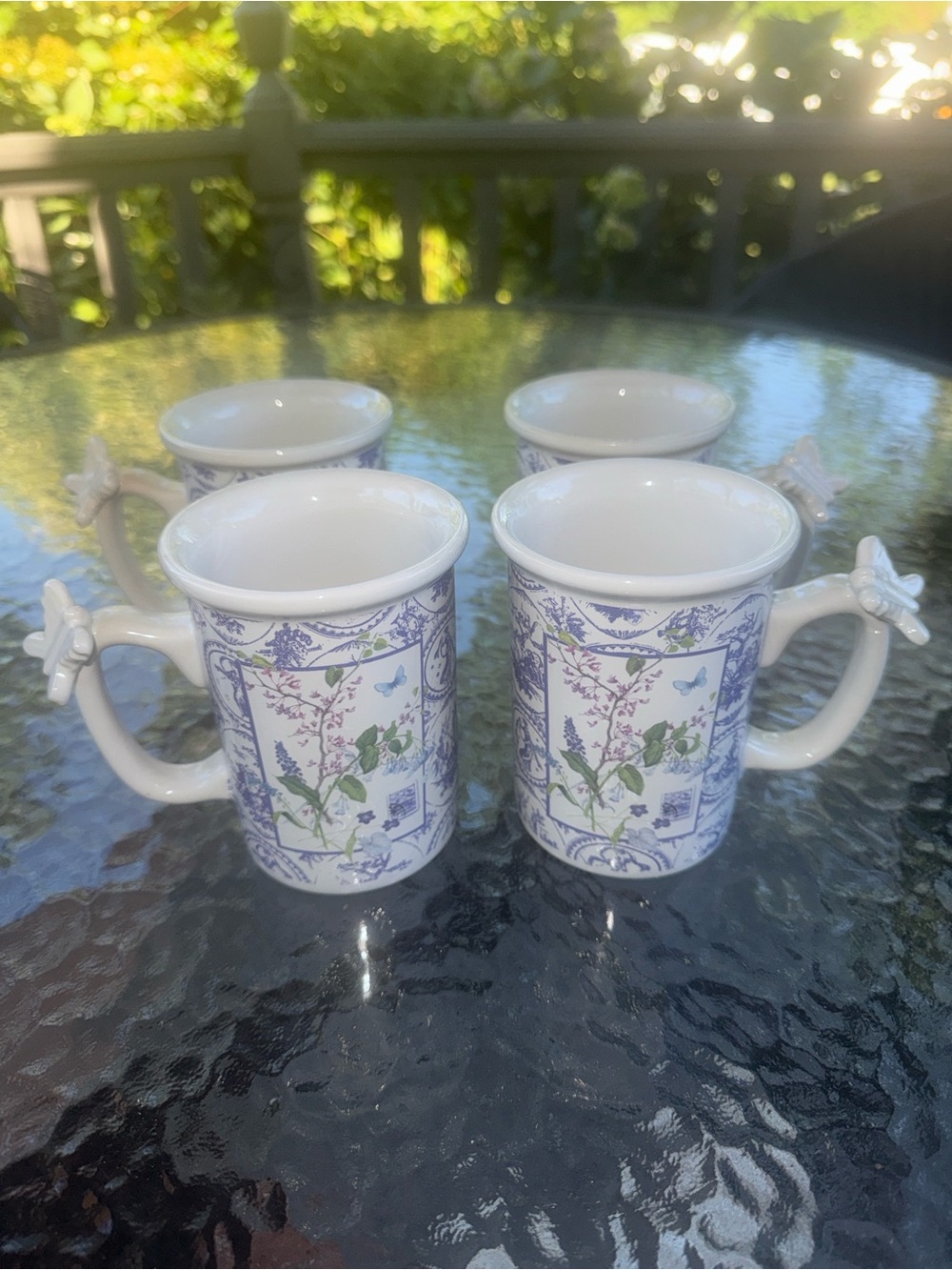 Floral Porcelain Mugs with Butterfly Handle Accent – White & Blue Set of 4